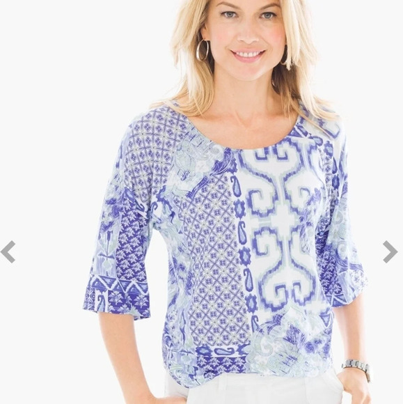 Chico's Border-Print East West Top Chico's SZ 1 - Picture 4 of 10